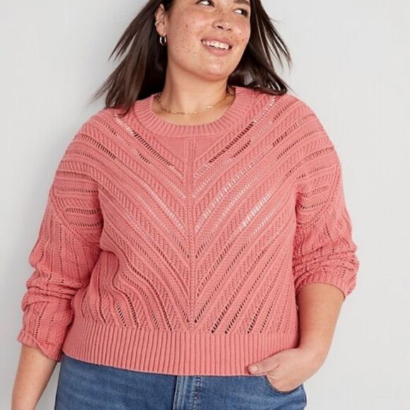 Old Navy Chevron Open-Knit Aspen Summer Coral Pink Cropped Sweater Plus Size 3X - Picture 1 of 8